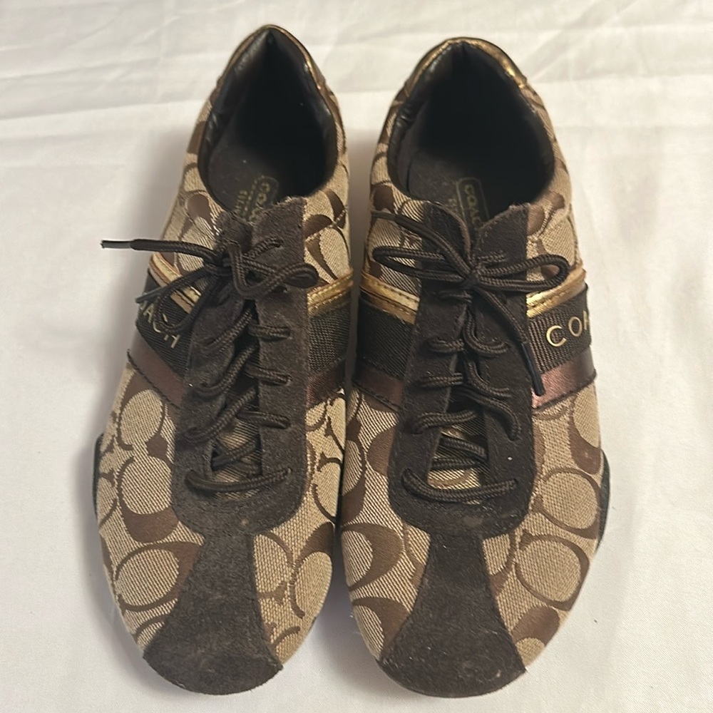 Coach Jayme Metallic Gold Stripes Canvas Suede Fashion Sneakers Sz 7